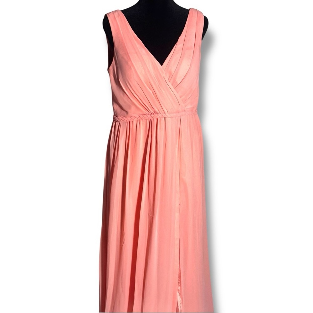 Azazie Coral Pink V-neck and Back High Slit Braided Waist Sleeveless Maxi Dress - Picture 5 of 16